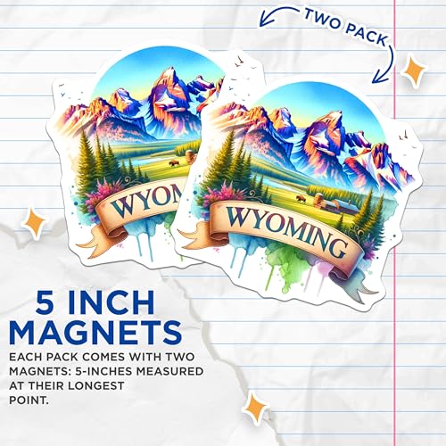 (2 Pack) Wyoming Magnets - Scenic Mountain Landscape - Rustic Nature Decor - Travel Souvenir - Wanderlust Keepsake - 5" On Longest Side - for Cars, Fridges, Toolboxes - Made in USA - MAG6598