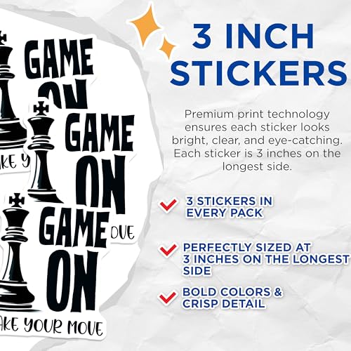 (3 Pack) Chess Decals - Game On Stickers - Make Your Move - Laptop Decals - 3 Inches On Longest Side - Easy Peel & Apply - Made in USA - 3MCS1962