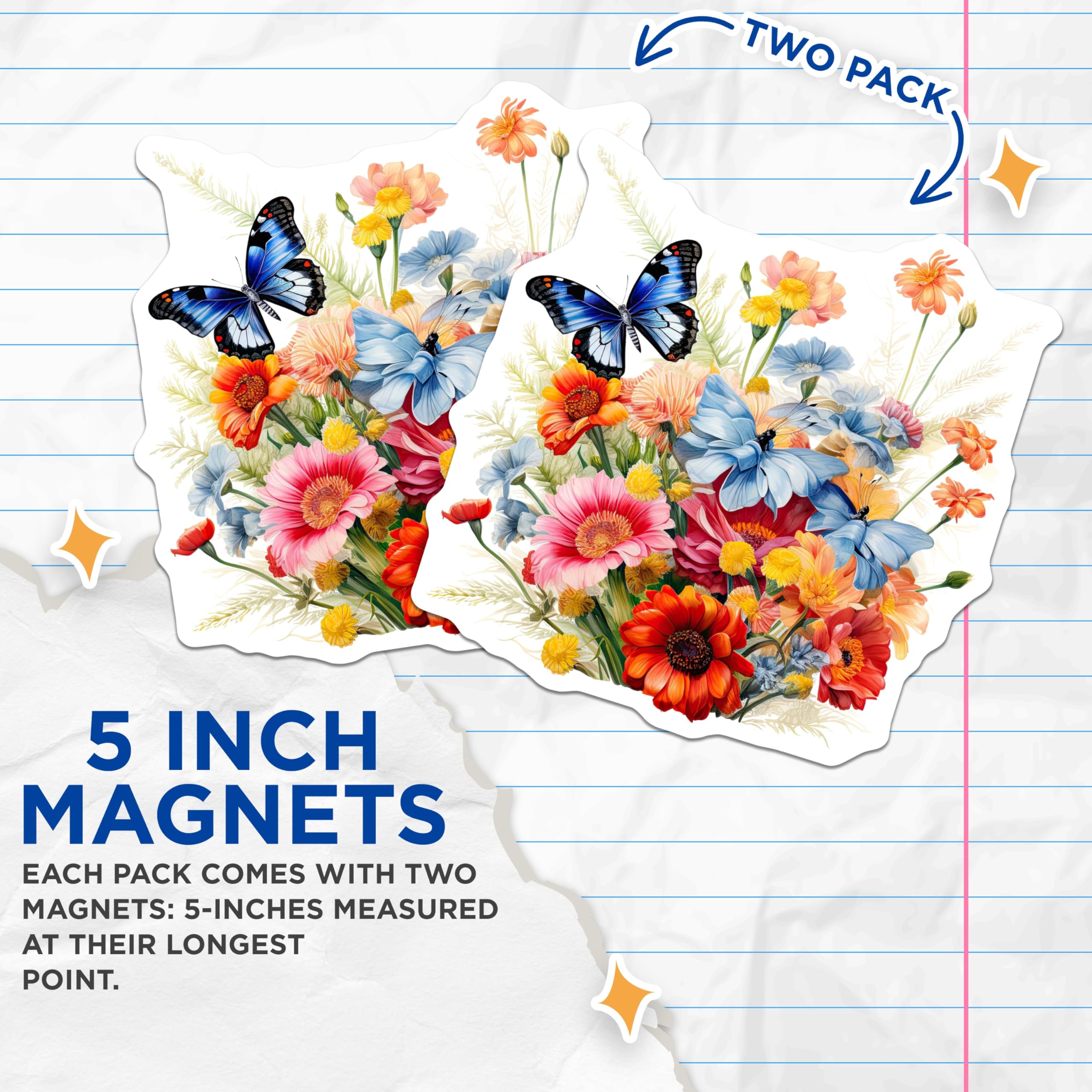 (2 Pack) Butterfly Floral Magnets - Flower Bouquet Magnet - Decorative Home Kitchen Decor - 5" On Longest Side - Premium Magnet - for Cars, Refrigerators, Toolboxes, Lockers - Made in USA - MAG15362
