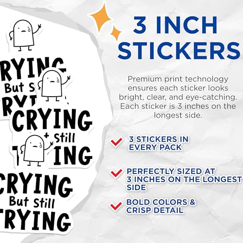 (3 Pack) Crying But Trying Decals - Motivational Sayings Sticker - Laptop Decal- 3 Inches On Longest Side - Easy Peel & Apply - Made in USA - 3MCS5521