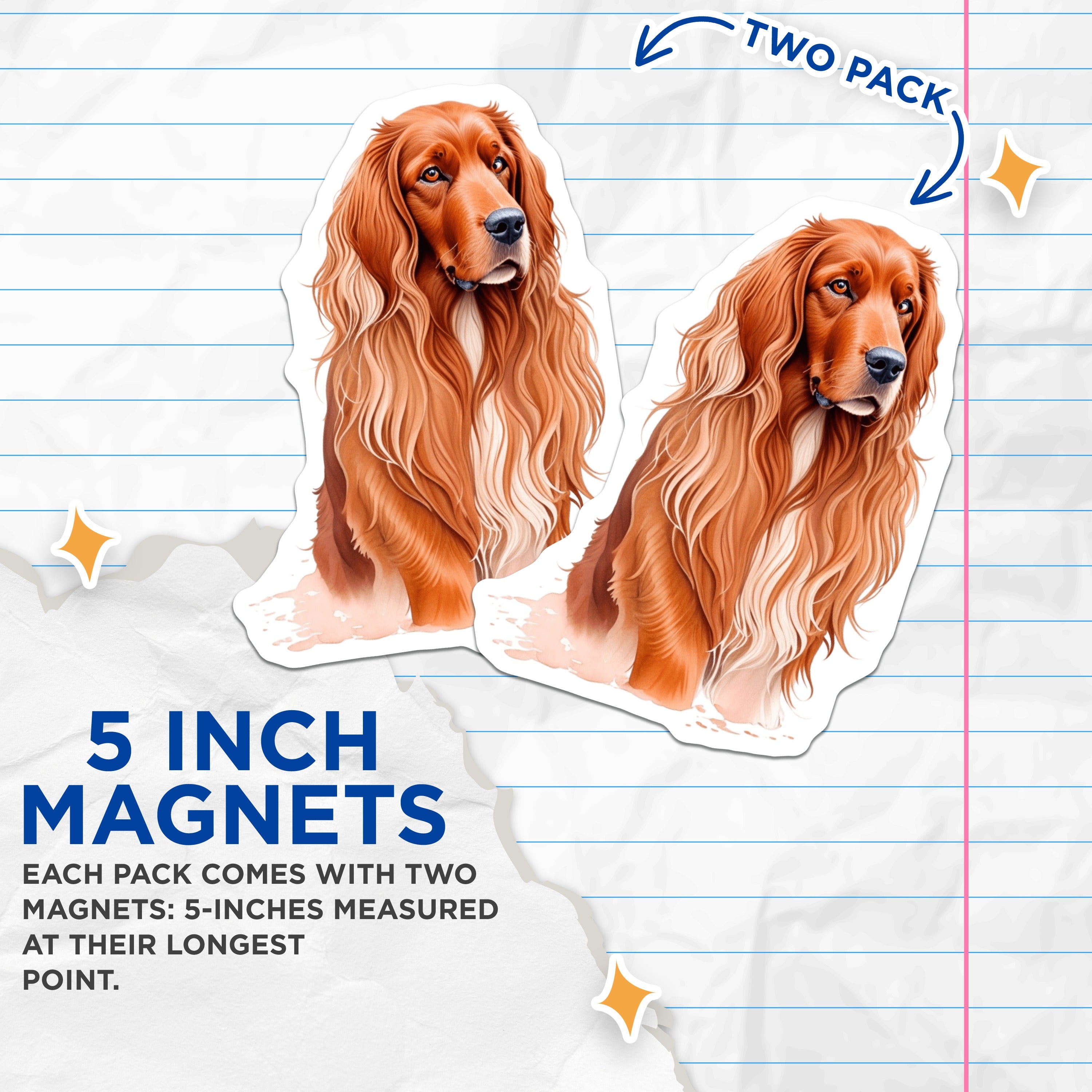 (2 Pack) Irish Setter Dog Magnets - Pet Owner Home Decor - Animal Portrait Art - 5 Inches On Longest Side - Thick Durable Magnet - Made in USA - MAG37680