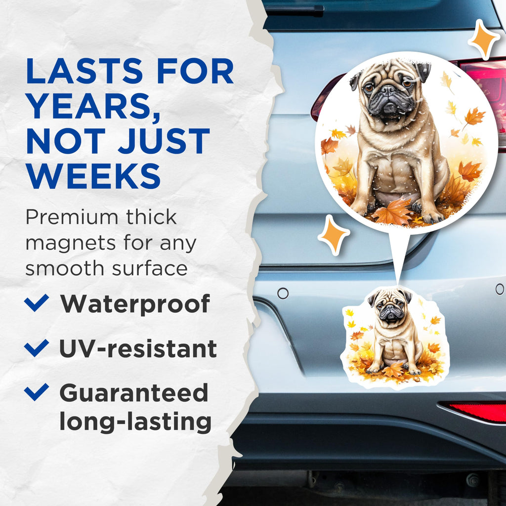 (2 Pack) Pug Dog Magnets - Autumn Fall Decor - Pet Lover Fridge Art - 5 Inches On Longest Side - Thick Durable Magnet - Made in USA - MAG26872