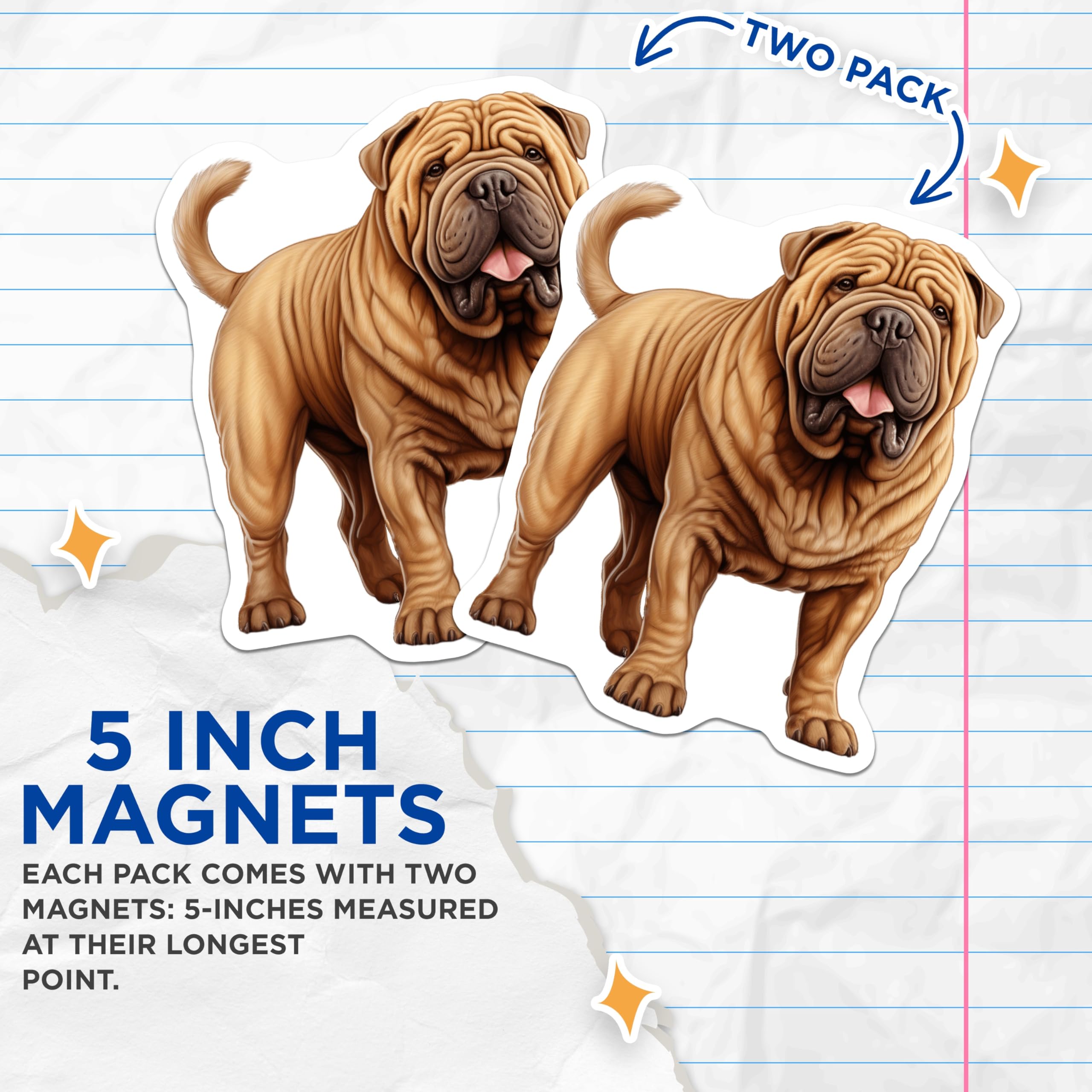 (2 Pack) Shar Pei Dog Magnets - Wrinkly Dog Breed - Animal Lover Fridge Decor - 5 Inches On Longest Side - Thick Durable Magnet - Made in USA - MAG26341
