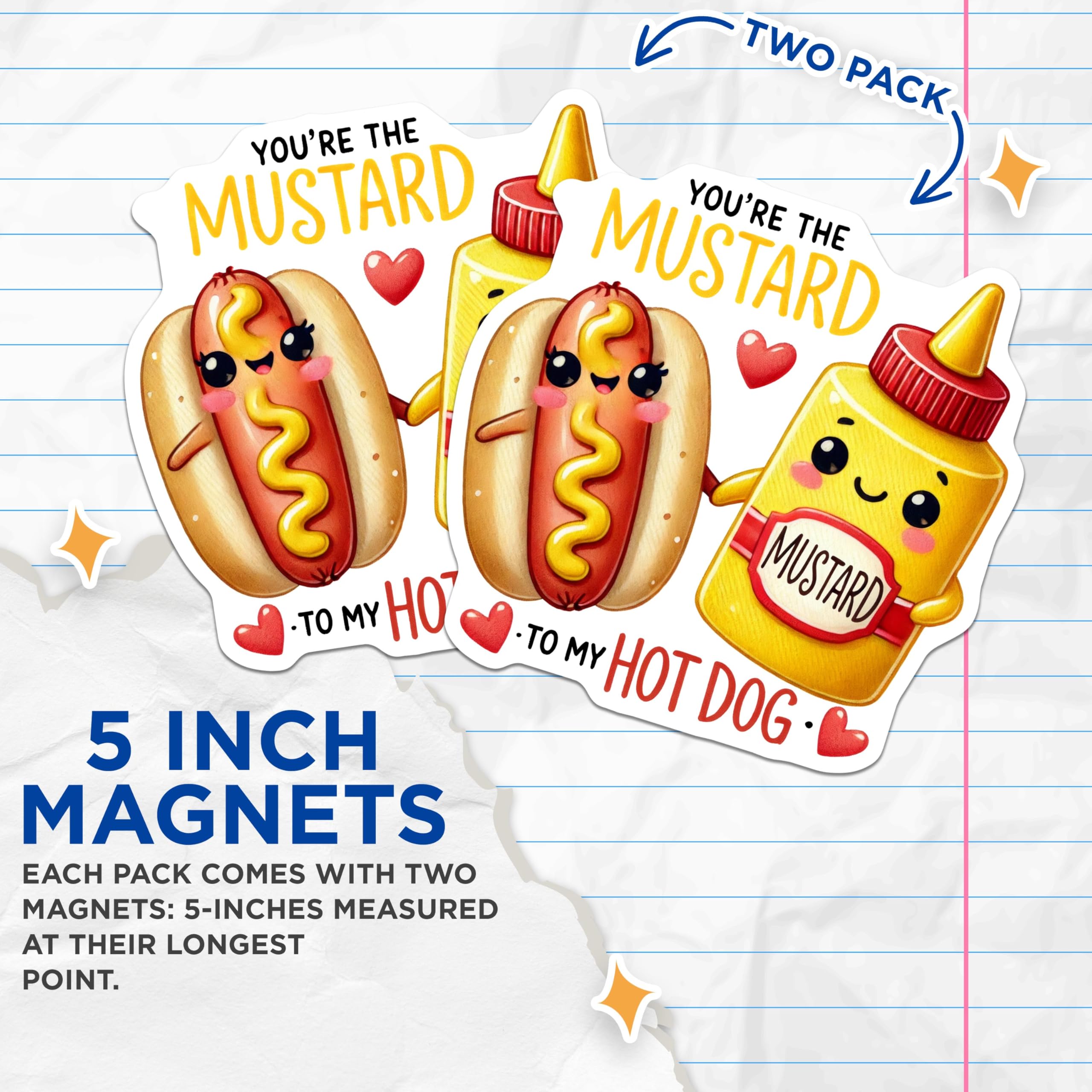 (2 Pack) Cute Hot Dog and Mustard Magnets - Adorable Kitchen Decor - for Food Lovers - 5" On Longest Side - for Cars, Refrigerators, Toolboxes, Lockers - Made in USA BMCS3534