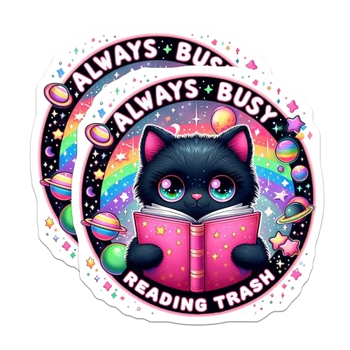 (2 Pack) Always Busy Reading Trash Magnets - Cute Cat Holding Book - Space Rainbow Ative Magnets - 5" On Longest Side - for Cars, Fridges, Toolboxes - Made in USA - MAG4599