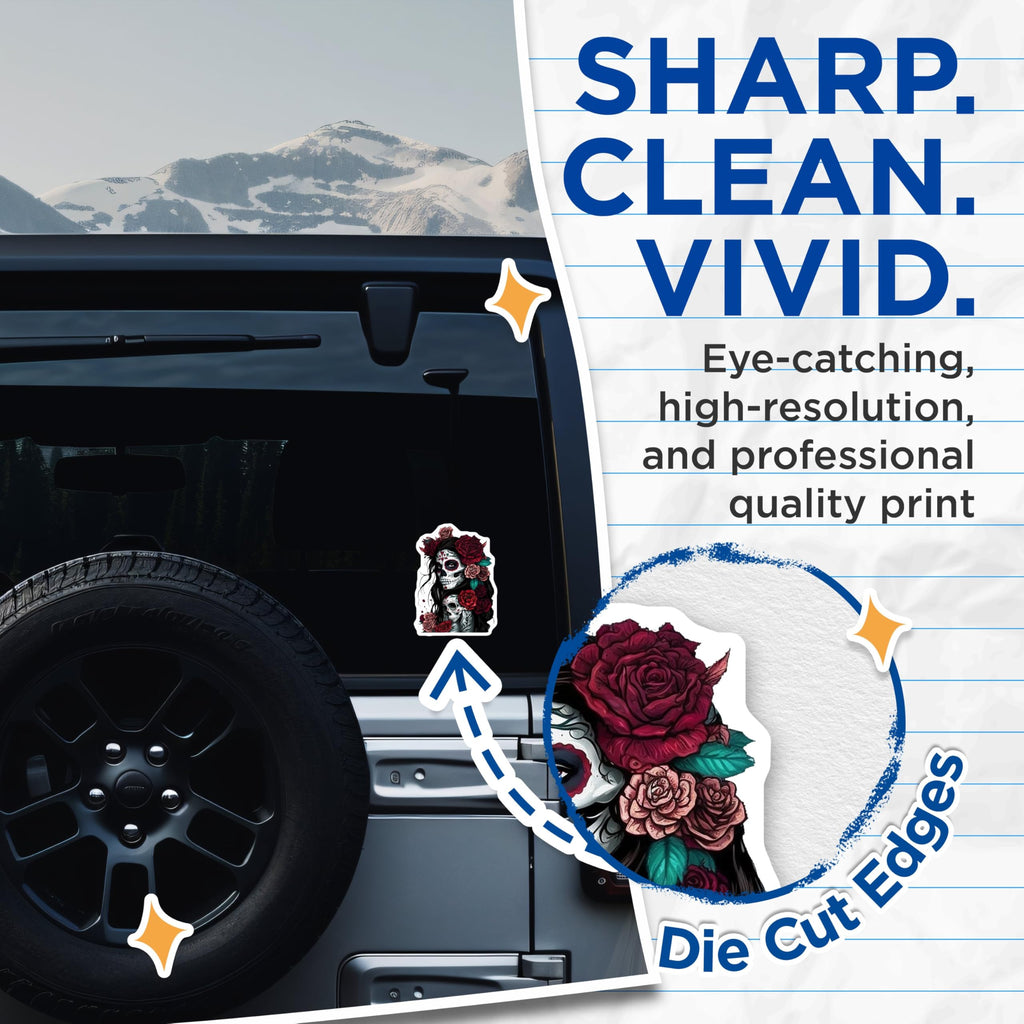 (2 Pack) Sugar Skull Stickers - Day of The Dead Art - Skull and Roses Decals - 5" On Longest Side - Sticks to Smooth Flat Surfaces - Made in USA - BMCS9205 - BMCS9205