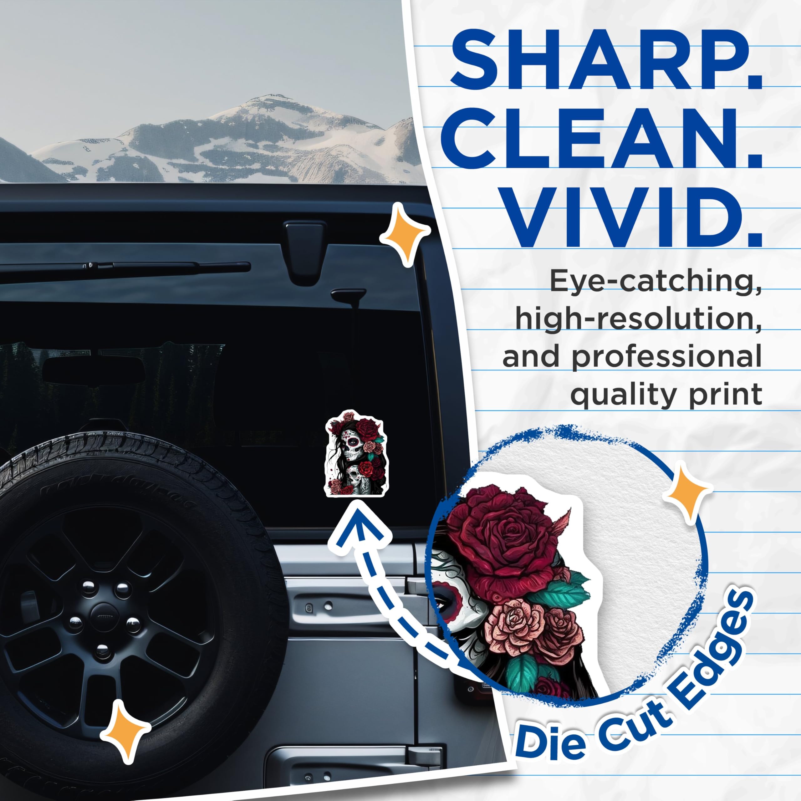 (2 Pack) Sugar Skull Stickers - Day of The Dead Art - Skull and Roses Decals - 5" On Longest Side - Sticks to Smooth Flat Surfaces - Made in USA - BMCS9205 - BMCS9205