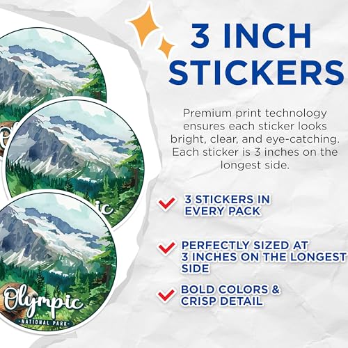 (3 Pack) Olympic National Park Decals - Washington State Stickers - Laptop Decals - 3 Inches On Longest Side - Easy Peel & Apply - Made in USA - 3MCS0481