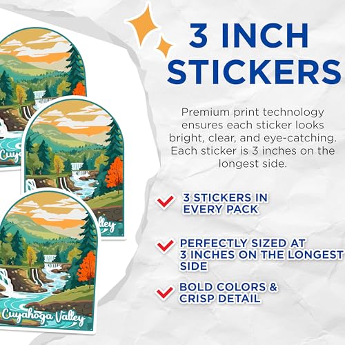 (3 Pack) Cuyahoga Valley Decals - National Park Decal - Waterfall Laptop Decal - 3 Inches On Longest Side - Easy Peel & Apply - Made in USA - 3MCS0433
