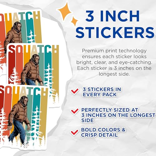 (3 Pack) Bigfoot Decals - Retro Sasquatch Sticker - Laptop Decals - 3 Inches On Longest Side - Easy Peel & Apply - Made in USA - 3MCS4091