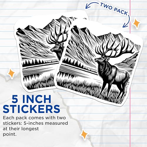 (2 Pack) Elk Mountain Stickers - Nature Landscape Art Decals - 5" On Longest Side - Sticks to Smooth Flat Surfaces - Made in USA - BMCS8725 - BMCS8725