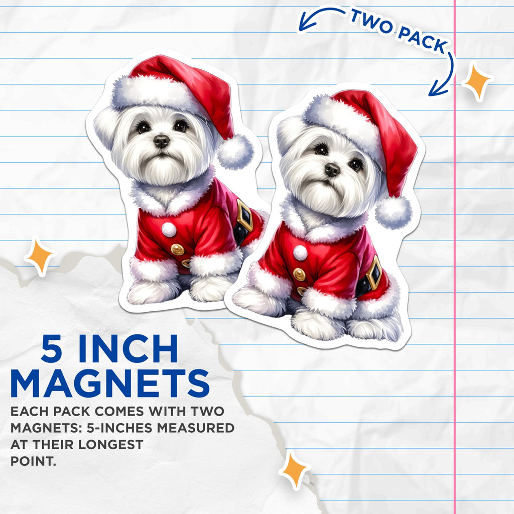 (2 Pack) Christmas Dog Magnets - Santa Maltese Decor - Holiday Pet Accessory - 5 Inches On Longest Side - Thick Durable Magnet - Made in USA - MAG26771
