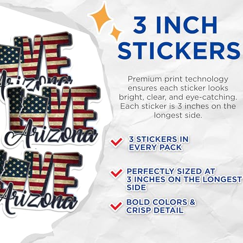 (3 Pack) Arizona Love Decals - American Flag - State Pride - 3 Inches On Longest Side - Easy Peel & Apply - Made in USA - 3MCS0294