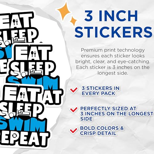(3 Pack) Eat Sleep Swim Repeat Decals - Swimming Decal - Swimmer Decal - 3 Inches On Longest Side - Easy Peel & Apply - Made in USA - 3MCS7487