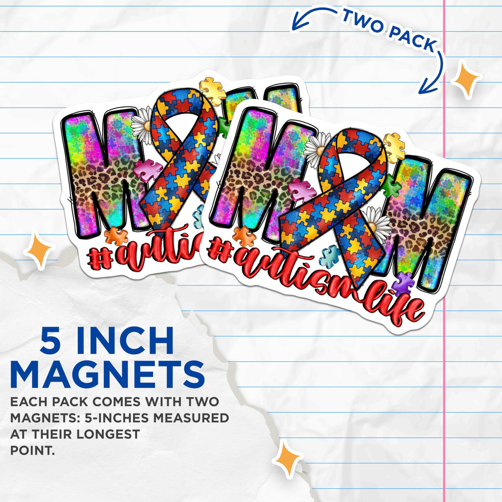 (2 Pack) Autism Mom Magnets - Awareness Ribbon Decor - Special Needs Parent Support - 5 Inches On Longest Side - Thick Durable Magnet - Made in USA - MAG27528