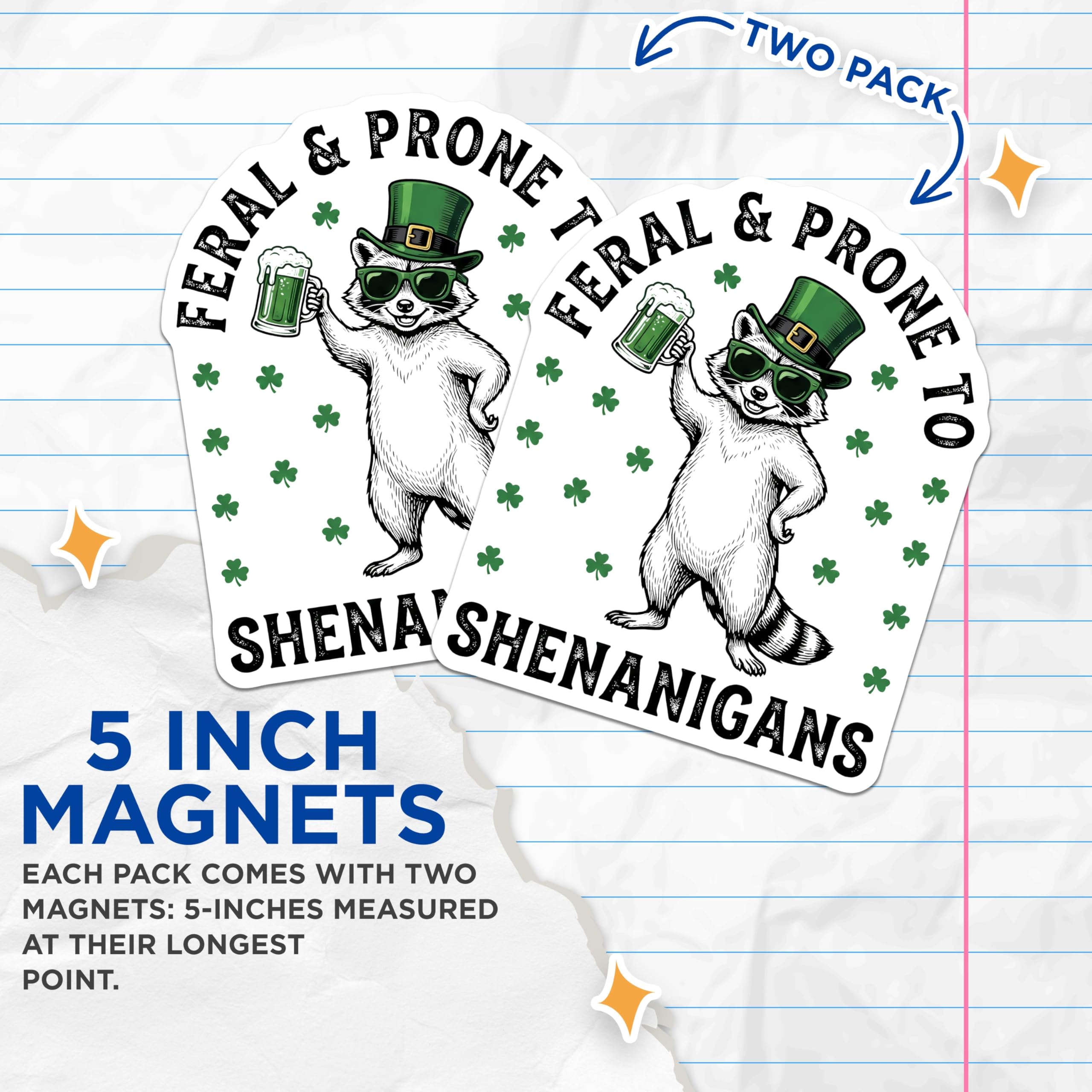(2 Pack) St Patricks Day Raccoon Magnets - Irish Shenanigans - Lucky Clover Decor - 5" On Longest Side - Premium Magnet - for Cars, Refrigerators, Toolboxes, Lockers - Made in USA - MAG16701