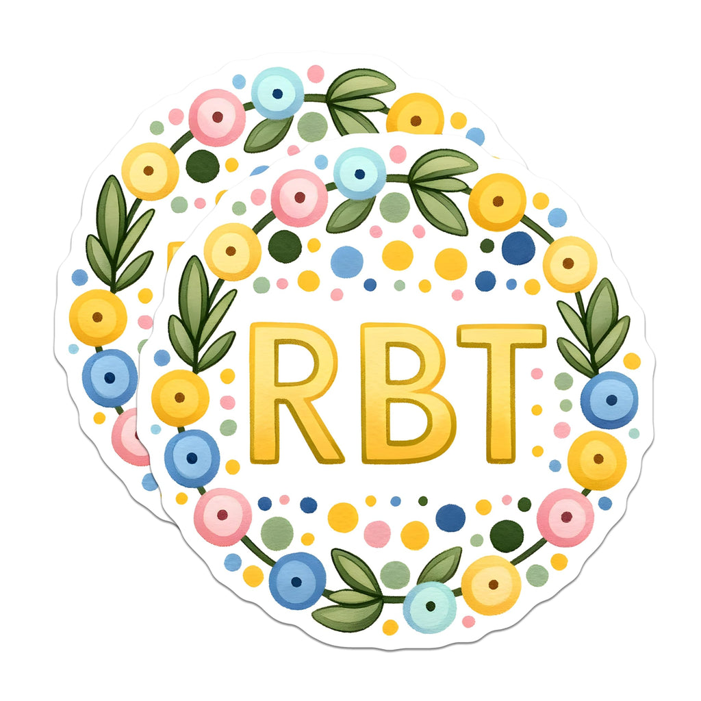 (2 Pack) Floral RBT Stickers - Colorful Round Stickers - Botanical Monogram Stickers - 5" On Longest Side - Sticks to Any Smooth Flat Surface - Made in USA - BMCS3164