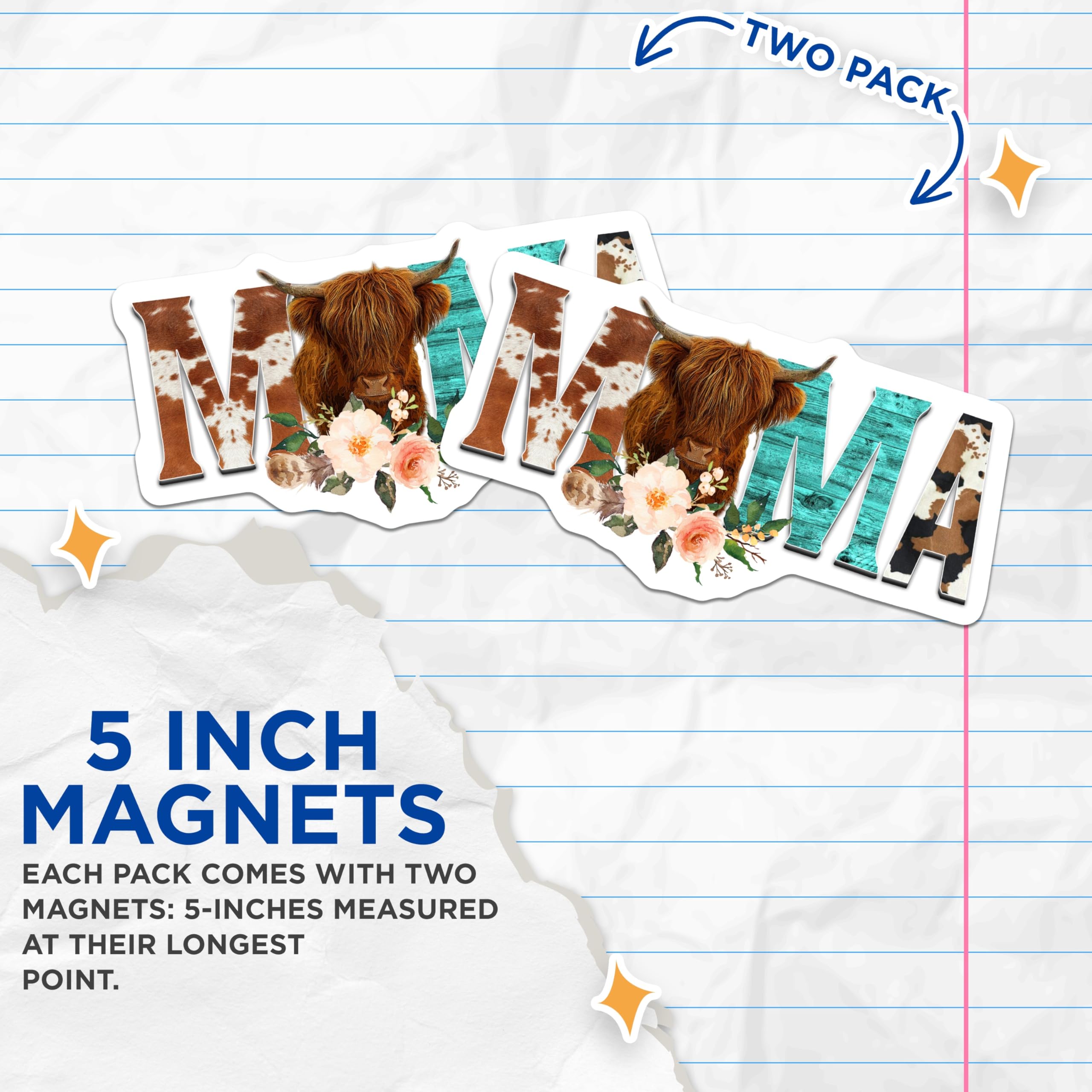 (2 Pack) Highland Cow Mama Magnets - Cow Print Mom Decor - Ranch Life Style Accessories - 5 Inches On Longest Side - Thick Durable Magnet - Made in USA - MAG30893