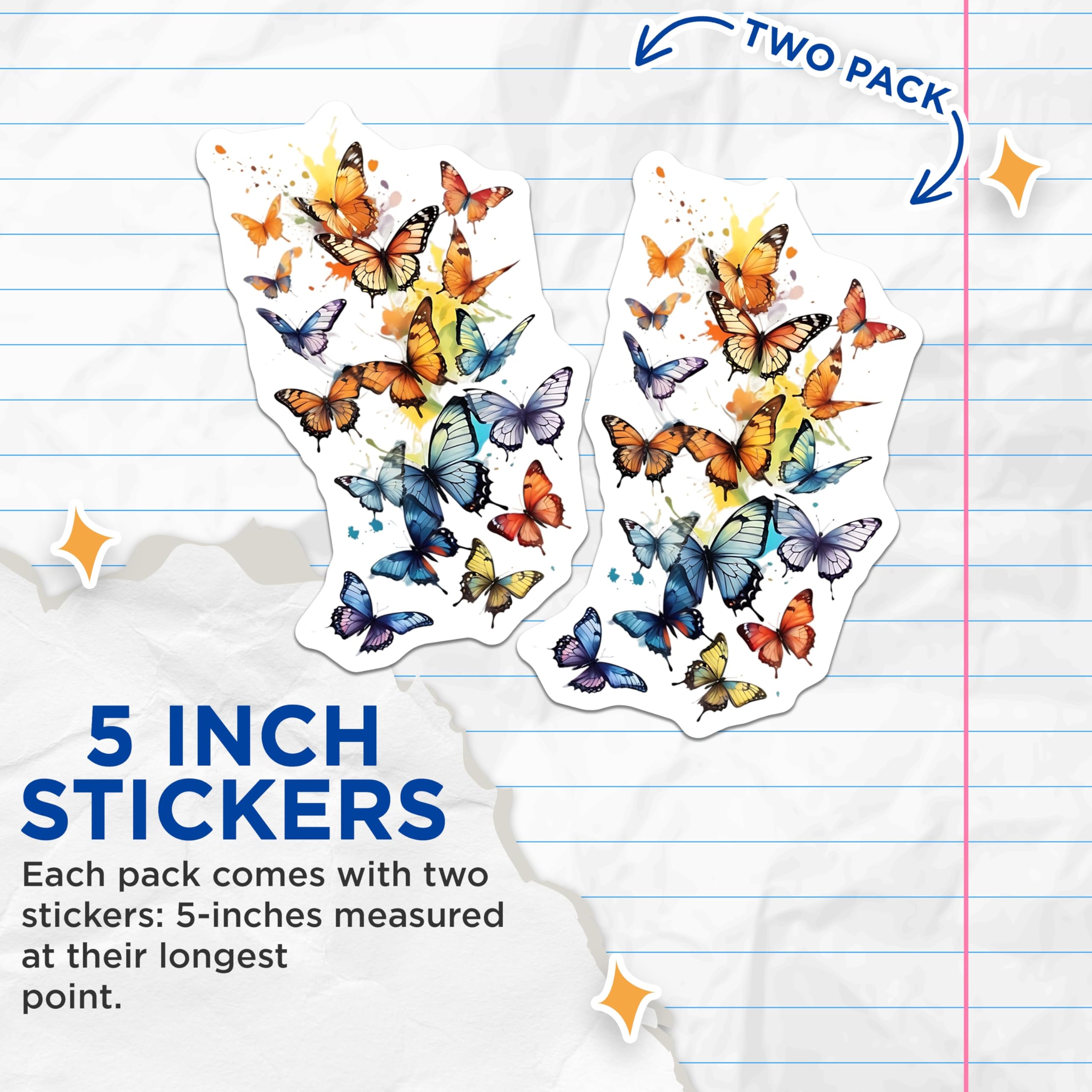 (2 Pack) Butterfly Stickers - Colorful Butterfly Decals - Insect Lover Gift - 5" On Longest Side - Sticks to Smooth Flat Surfaces - Made in USA - BMCS15966