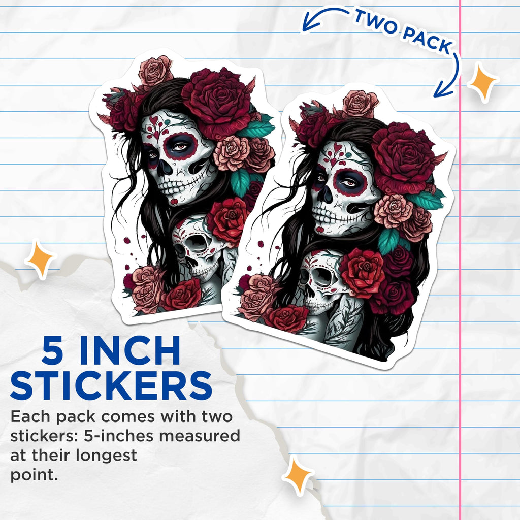 (2 Pack) Sugar Skull Stickers - Day of The Dead Art - Skull and Roses Decals - 5" On Longest Side - Sticks to Smooth Flat Surfaces - Made in USA - BMCS9205 - BMCS9205