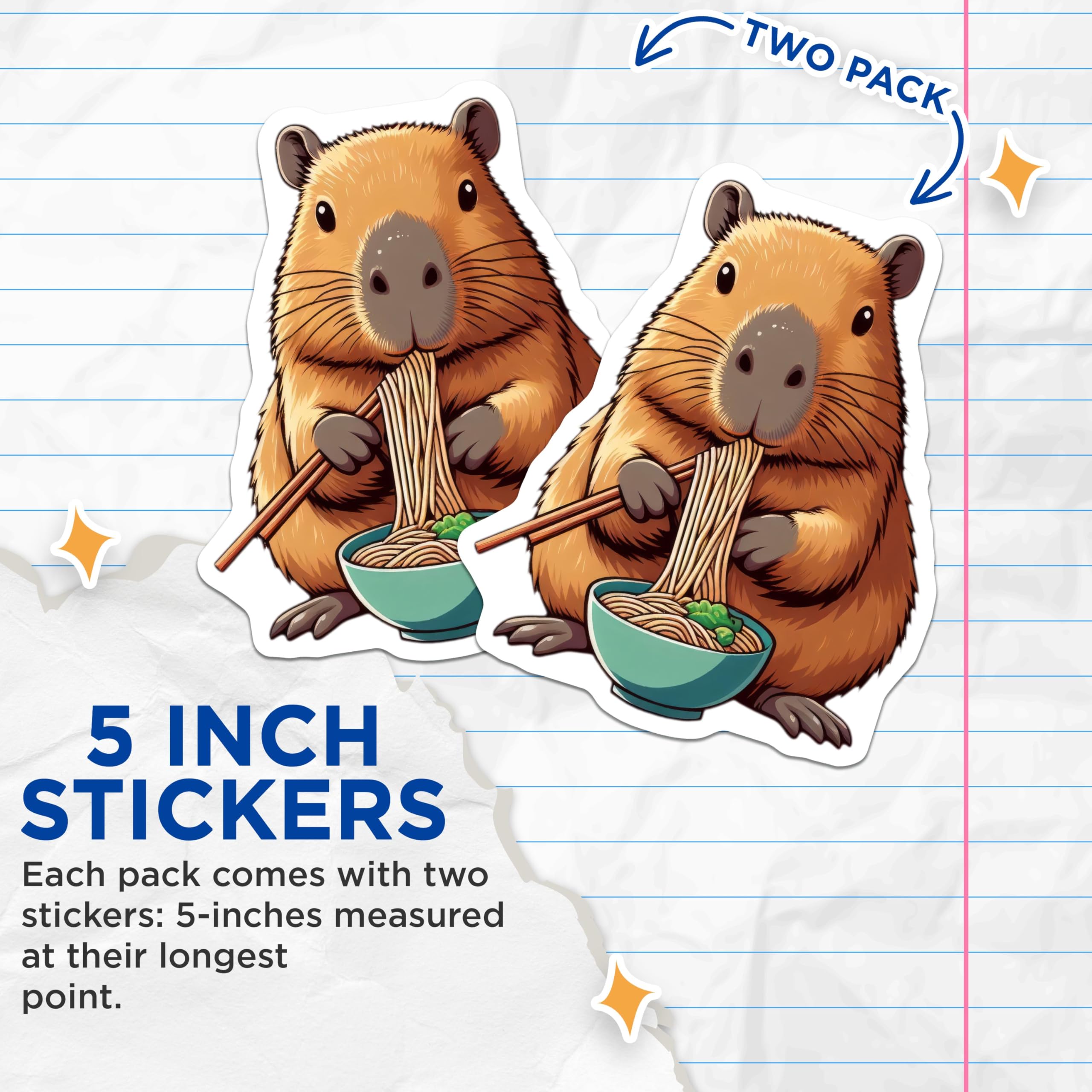 (2 Pack) Cute Noodle Eating Hamster Stickers - Animal Lover - Funny Food Design - 5" On Longest Side - Sticks to Smooth Flat Surfaces - Made in USA - BMCS9905