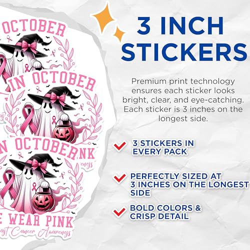 (3 Pack) Breast Cancer Awareness Decals - Pink Ribbon Ghost Decal - October We Wear Pink Decals - 3 Inches On Longest Side - Easy Peel & Apply - Made in USA - 3MCS1355