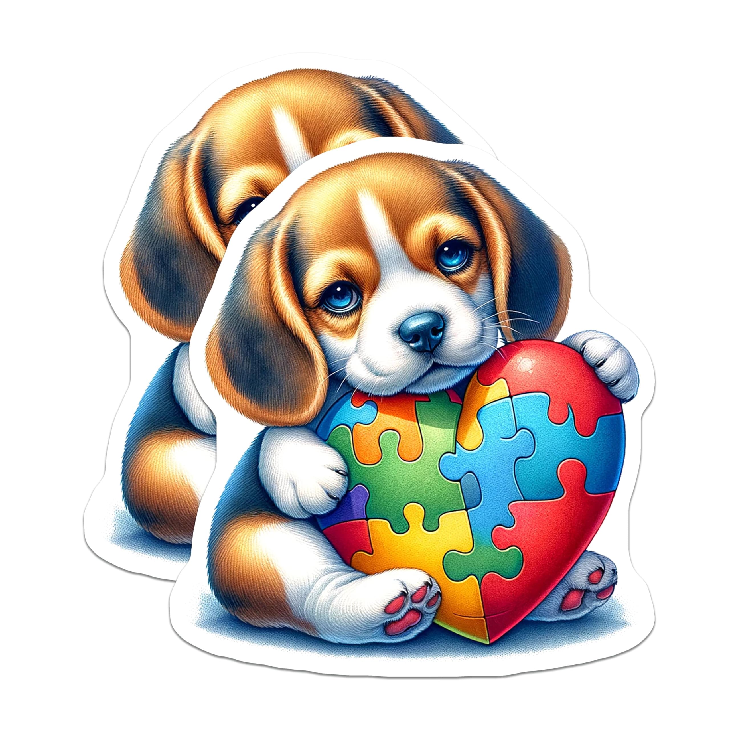 (2 Pack) Cute Puppy Stickers - Puzzle Heart Dog Stickers - Colorful Pet Art Stickers - 5" On Longest Side - Sticks to Smooth Flat Surfaces - Made in USA - BMCS9470