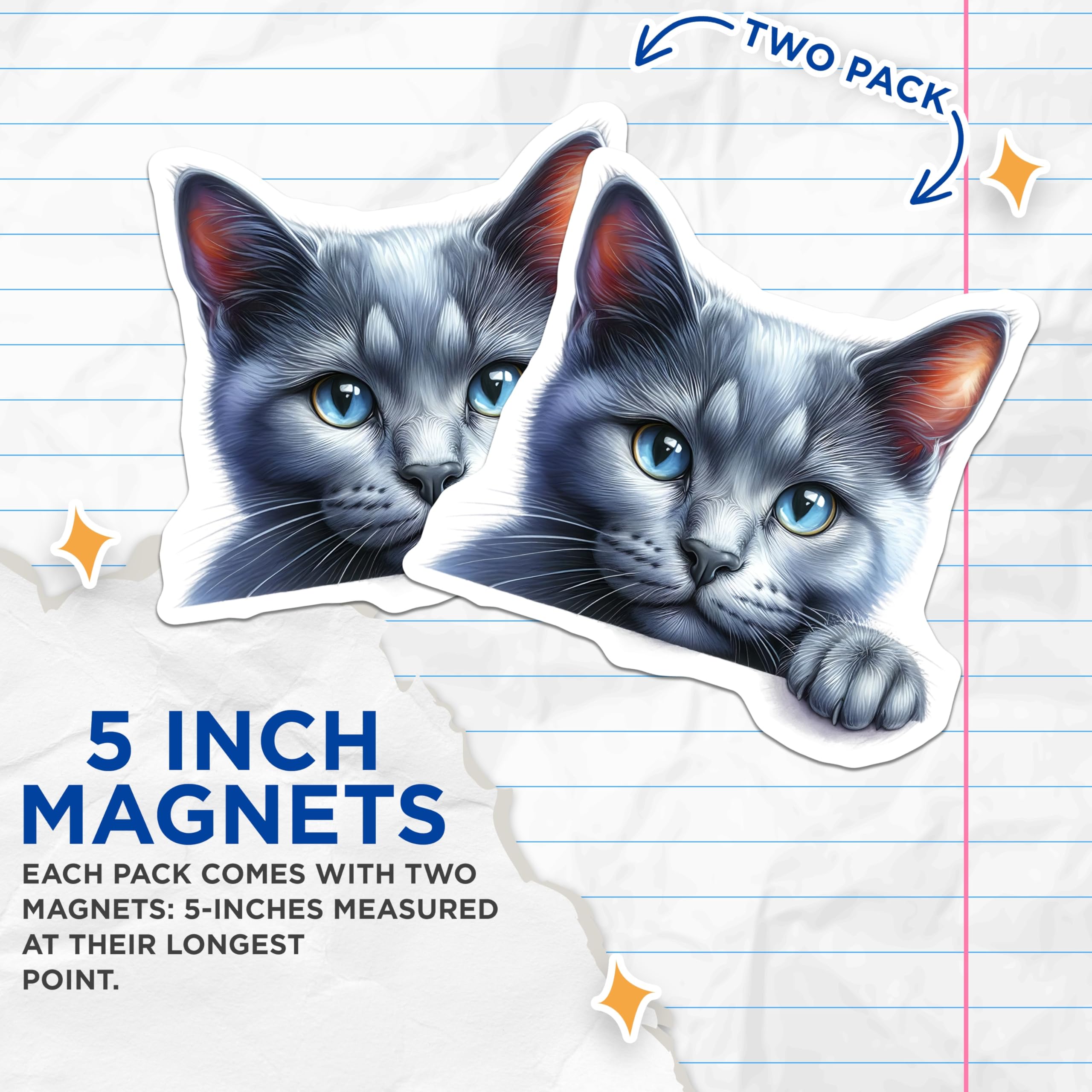 (2 Pack) Cat Magnets - Gray Cat Portrait - Blue Eyed Kitty Refrigerator Magnets - 5" On Longest Side - Premium Magnet - for Cars, Refrigerators, Toolboxes, Lockers - Made in USA - MAG14109