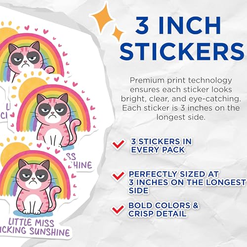 (3 Pack) Grumpy Cat Decals - Rainbows and Hearts - Laptop Decal - 3 Inches On Longest Side - Easy Peel & Apply - Made in USA - 3MCS2088