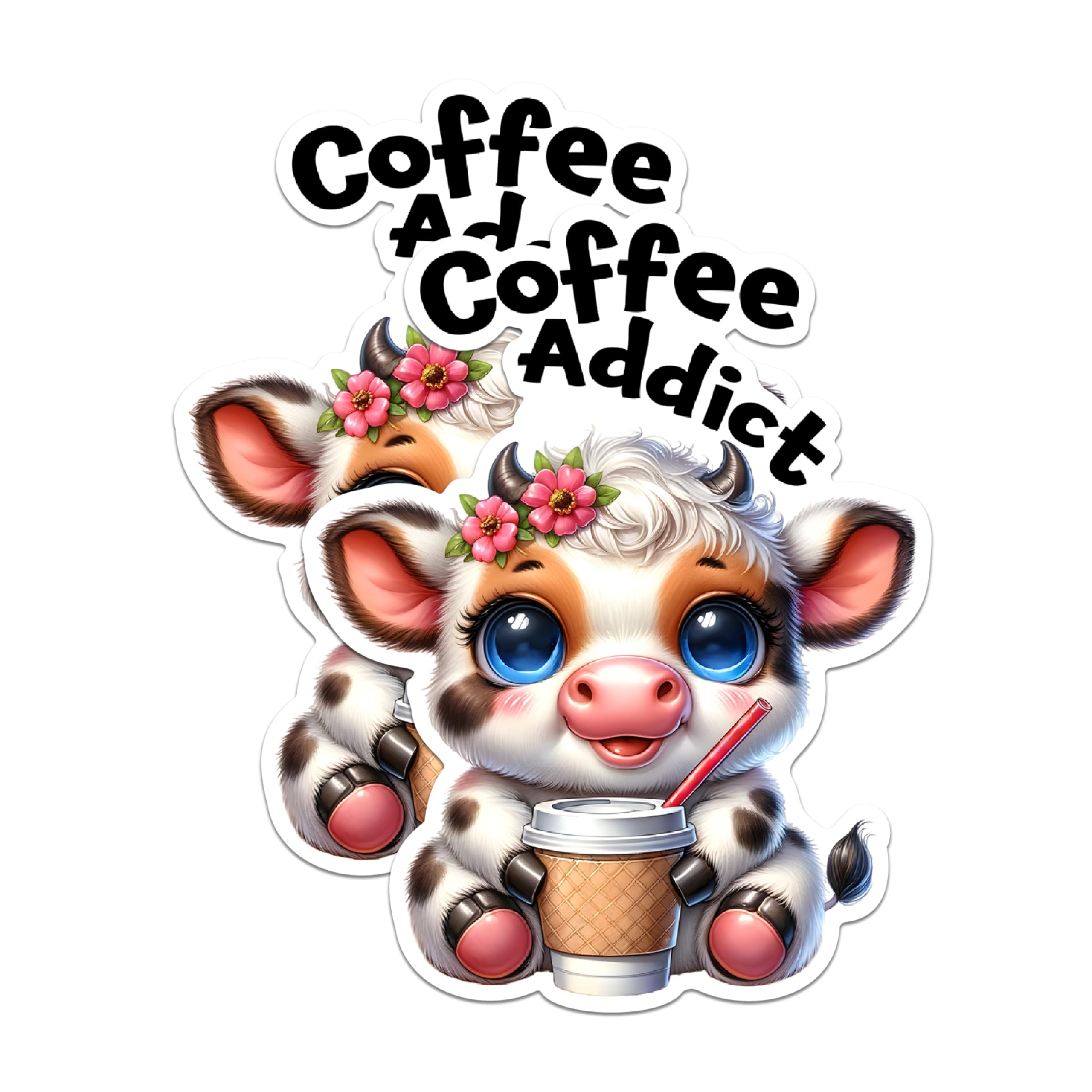 Bliss Monkey Co. (2 Pack) Cute Cow Coffee Lover Stickers - 5" - UV Protected, Fade Resistant, Versatile - Metal, Plastic, Glass - Vinyl - Cartoon Style - Outdoor Use