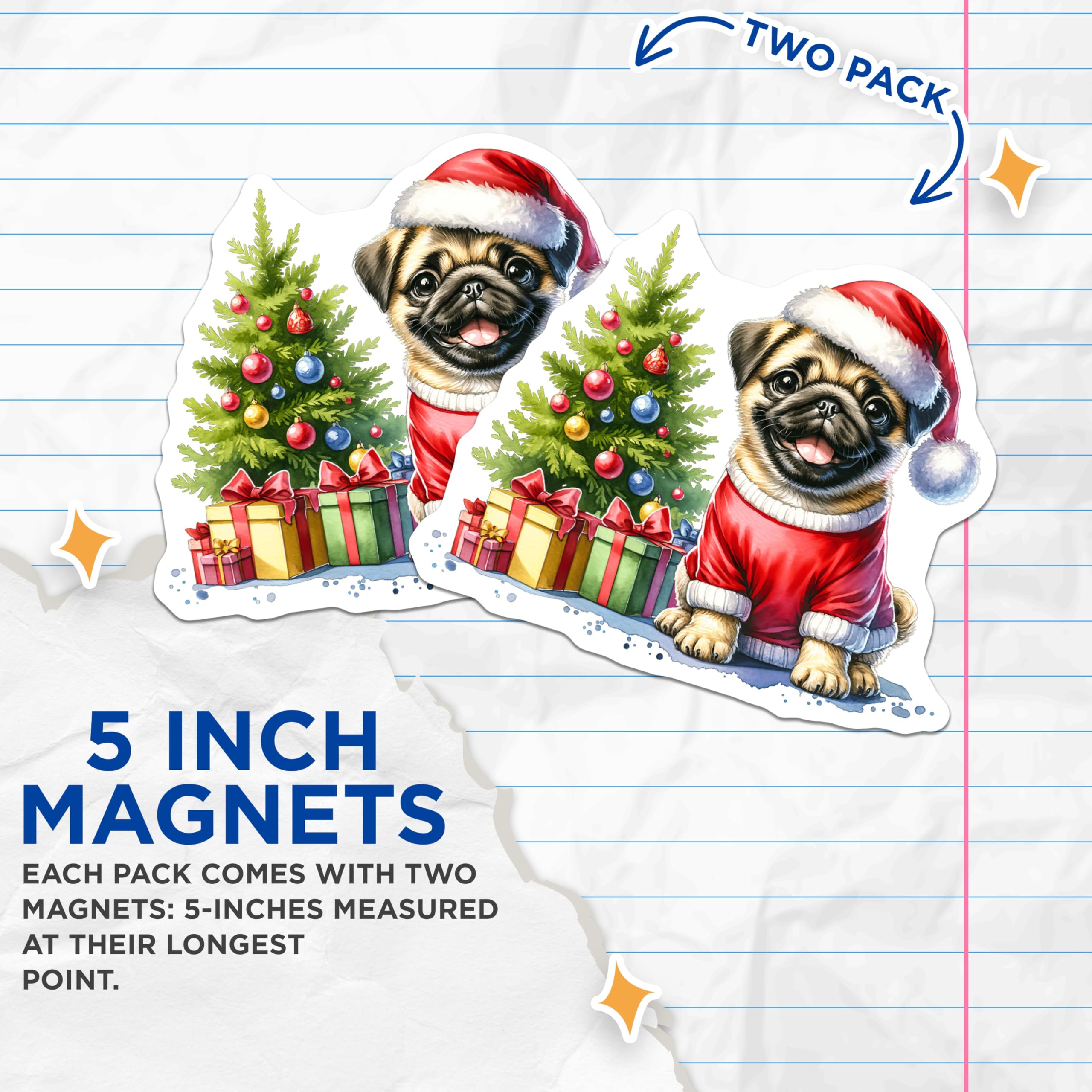 (2 Pack) Cute Pug Christmas Magnets - Holiday Dog Decor - Festive Pet Parent Appliance Accent - 5 Inches On Longest Side - Thick Durable Magnet - Made in USA - MAG29279