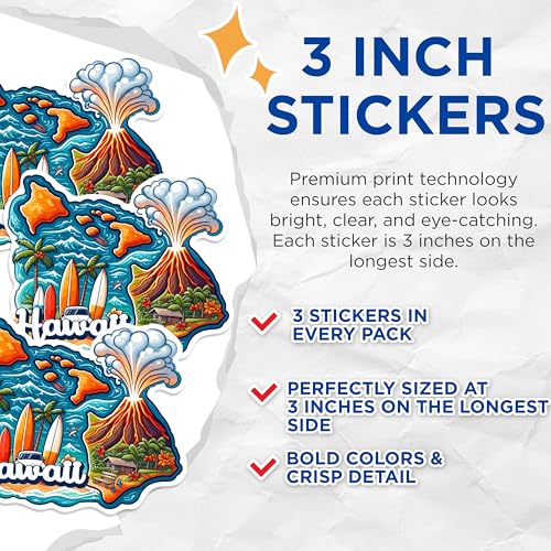 (3 Pack) Hawaii Decals - Volcano Island Sticker - Surfing Laptop Decals - 3 Inches On Longest Side - Easy Peel & Apply - Made in USA - 3MCS0133