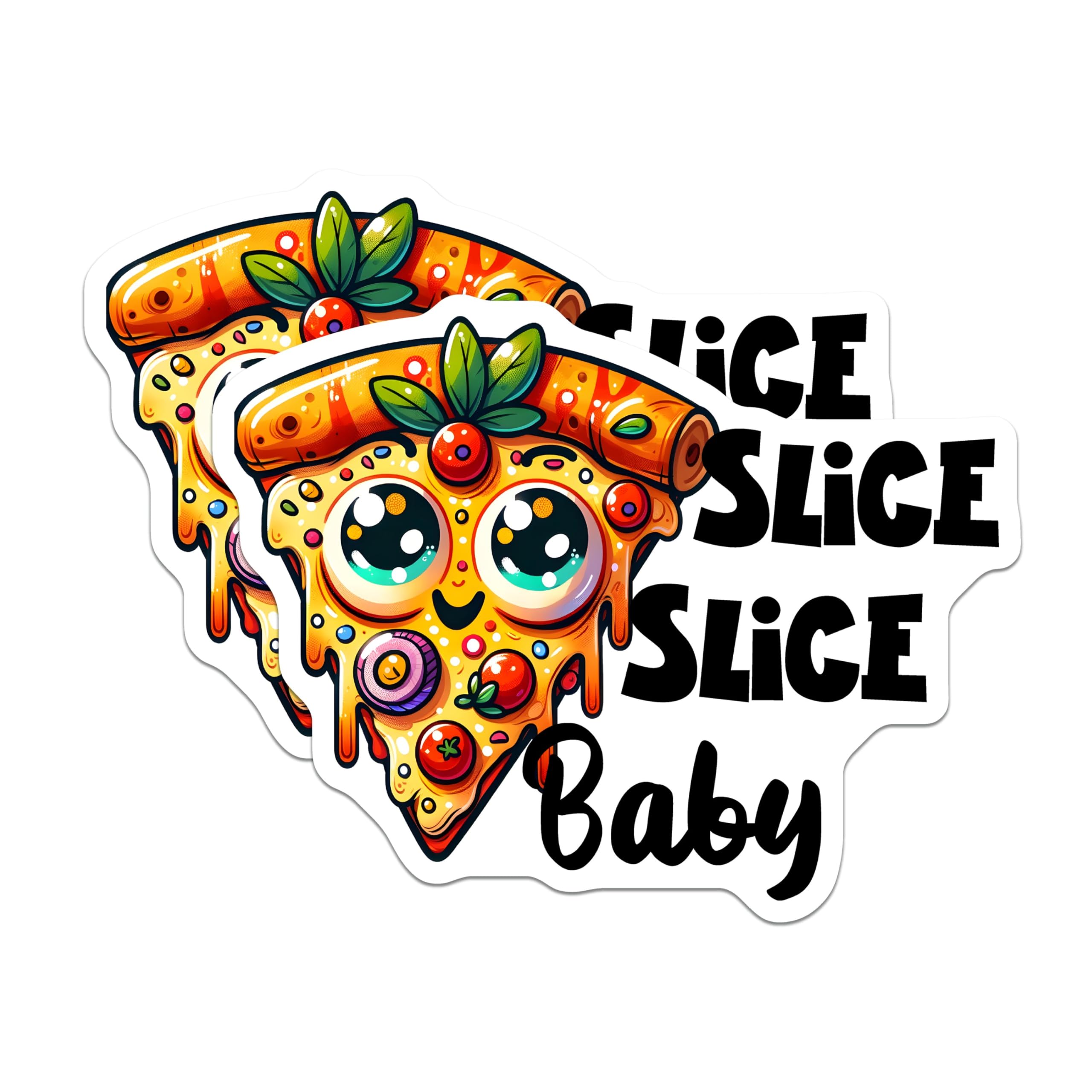 (2 Pack) Cute Pizza Slice Stickers - Funny Food Pun - Adorable Cartoon Pizza Decal - 5" On Longest Side - Sticks to Smooth Flat Surfaces - Made in USA - BMCS8789