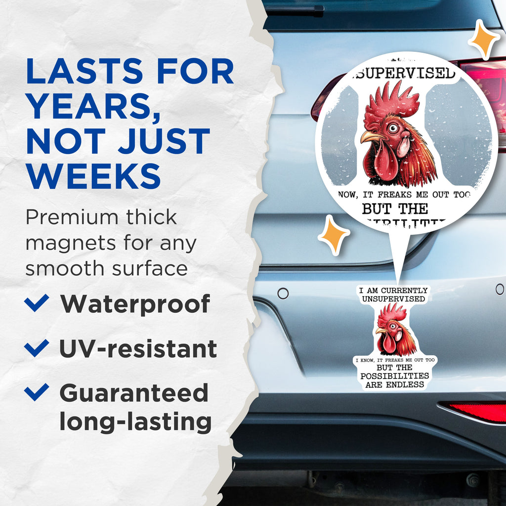 (2 Pack) Unsupervised Rooster Magnets - Funny Possibilities Quote - Sarcastic Office Humor - Fridge Locker Decor - 5 Inches On Longest Side - Thick Durable Magnet - Made in USA - MAG36647