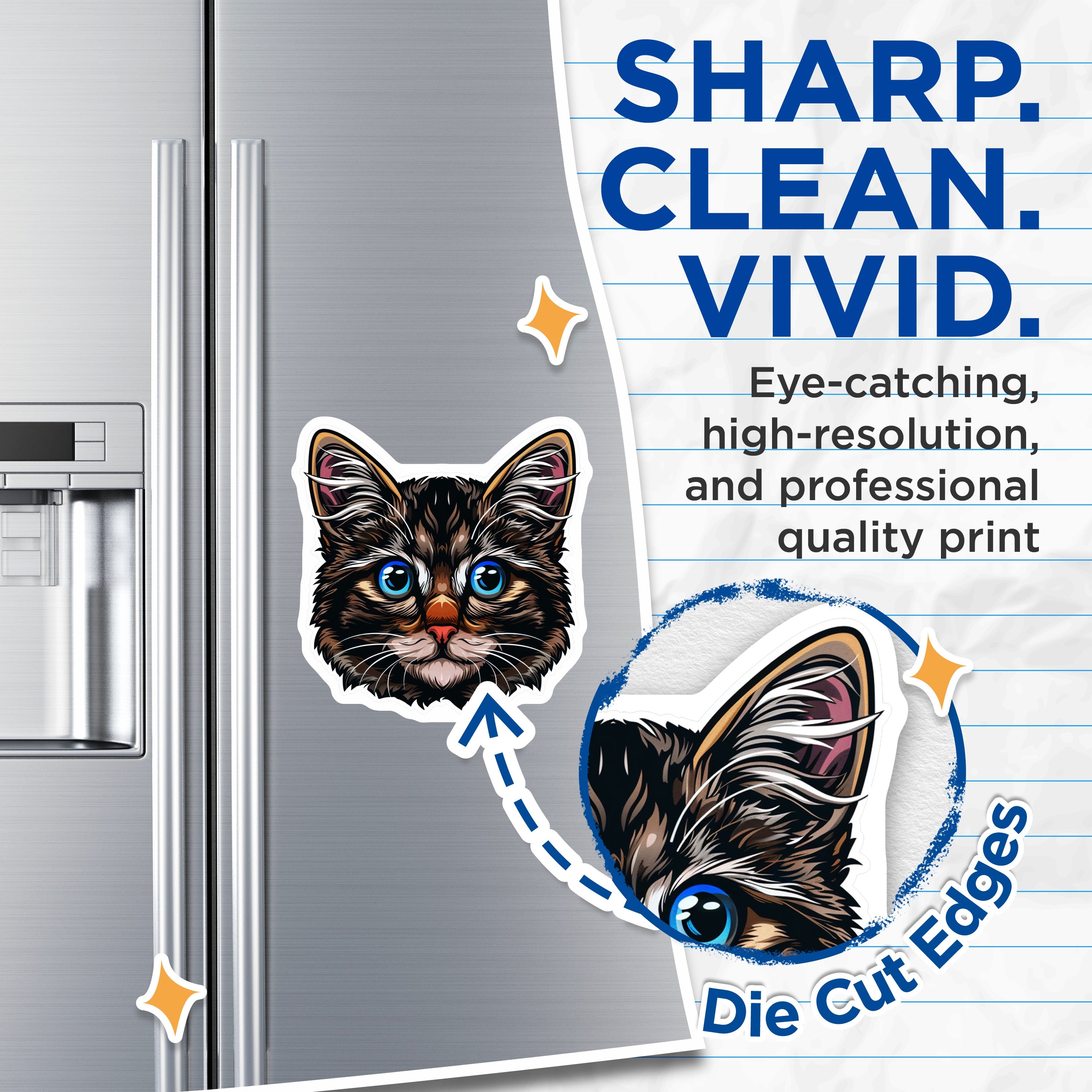 (2 Pack) Cute Cat Head Magnets - Blue Eyed Feline Art - Pet Lover Fridge Decor - 5 Inches On Longest Side - Thick Durable Magnet - Made in USA - MAG36828