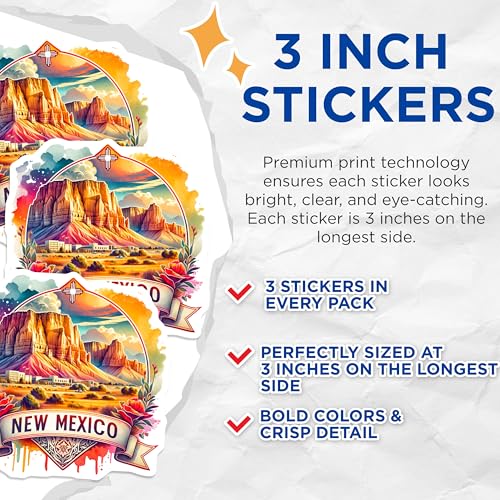 (3 Pack) New Mexico Decals - Southwest Stickers - Laptop Decal - Desert Sticker- 3 Inches On Longest Side - Easy Peel & Apply - Made in USA - 3MCS5851