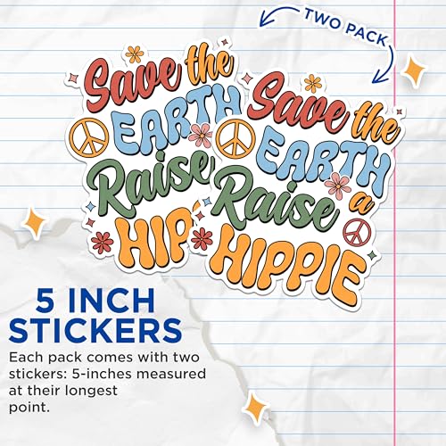 (2 Pack) Save The Earth Stickers - Hippie Stickers - Peace Love Nature Stickers - 5" On Longest Side - Sticks to Any Smooth Flat Surface - Made in USA - BMCS2957