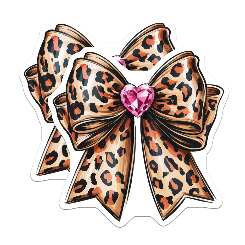(2 Pack) Leopard Print Bow Stickers - Animal Print Heart Bow Sticker - Cute Pink Gem Bow Sticker - 5" On Longest Side - Sticks to Smooth Flat Surfaces - Made in USA - BMCS5901