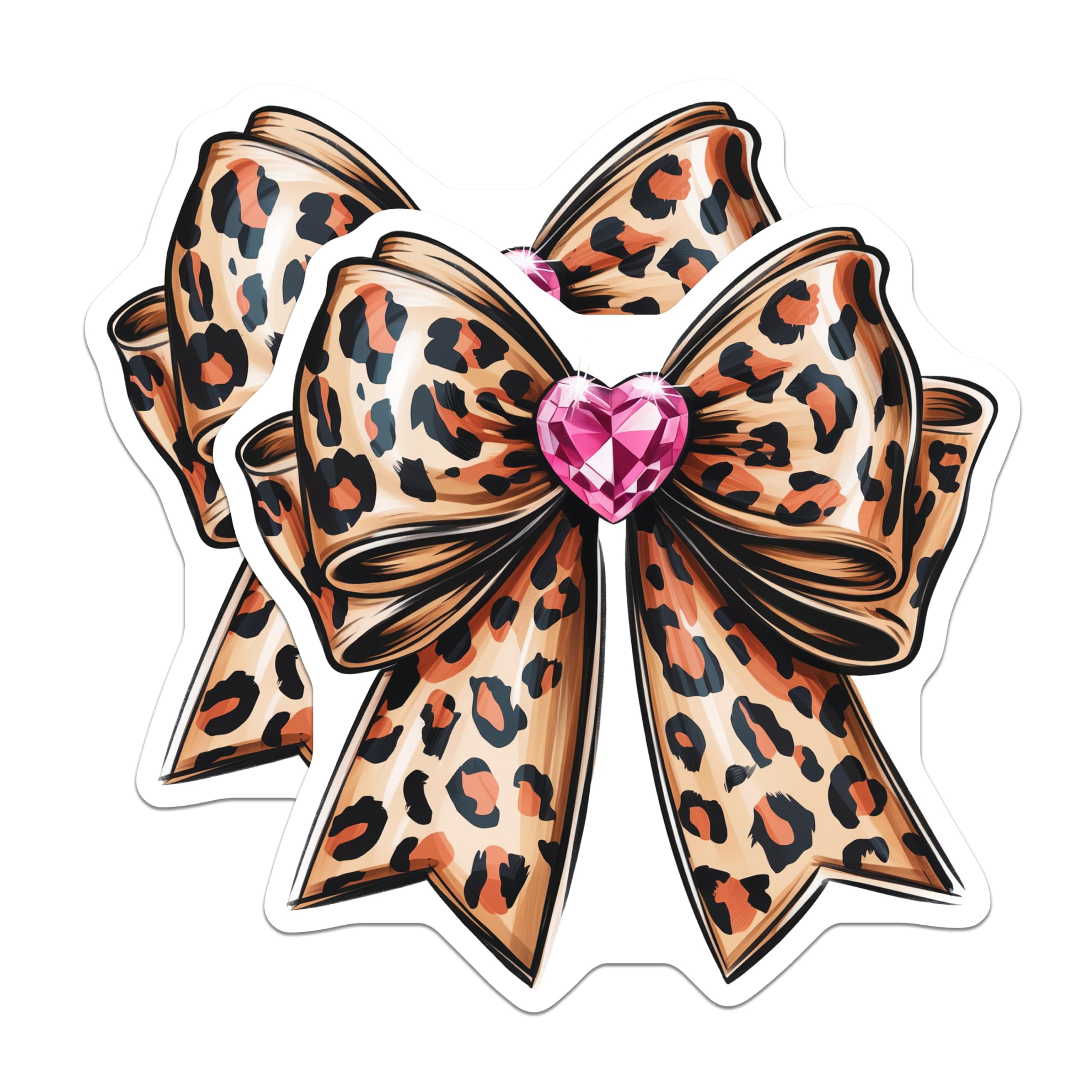 (2 Pack) Leopard Print Bow Stickers - Animal Print Heart Bow Sticker - Cute Pink Gem Bow Sticker - 5" On Longest Side - Sticks to Smooth Flat Surfaces - Made in USA - BMCS5901