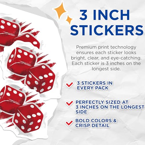 (3 Pack) Dice Decals - Red Dice Sticker - Laptop Decal- 3 Inches On Longest Side - Easy Peel & Apply - Made in USA - 3MCS5404