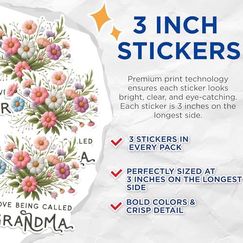 (3 Pack) Grandma Flower Decals - Love Being Called Grandma - Floral Laptop Decals - 3 Inches On Longest Side - Easy Peel & Apply - Made in USA - 3MCS1421