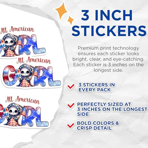 (3 Pack) All American Girl Decals - Patriotic Decor - Fourth of July Celebration - 3 Inches On Longest Side - Easy Peel & Apply - Made in USA - 3MCS6674