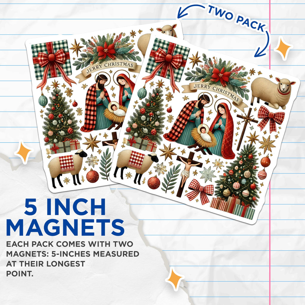 (2 Pack) Religious Christmas Magnets - Nativity Scene Holy Family - Baby Jesus Mary Joseph Xmas Decor - 5 Inches On Longest Side - Thick Durable Magnet - Made in USA - MAG23849