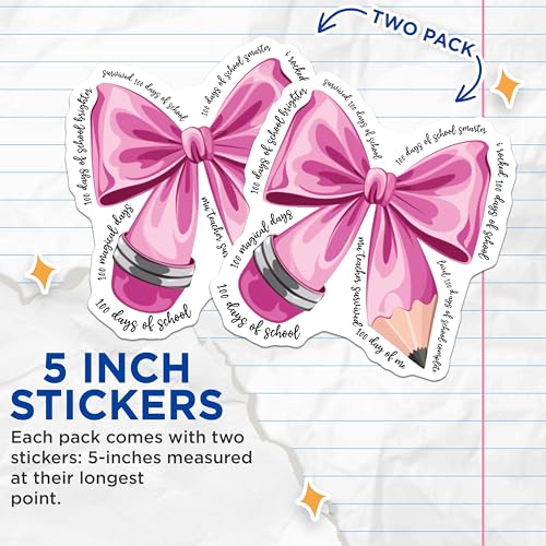 (2 Pack) 100 Days of School Stickers - Pink Ribbon Stickers - Celebratory Teacher Stickers - 5" On Longest Side - Sticks to Any Smooth Flat Surface - Made in USA - BMCS3064