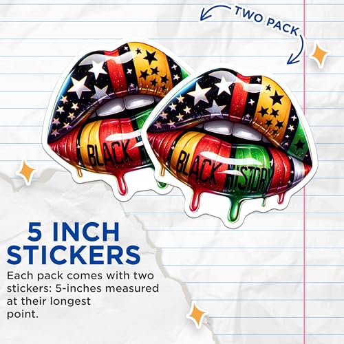 (2 Pack) Black History Stickers - Lip Art - Vibrant Star Design - 5" On Longest Side - Sticks to Smooth Flat Surfaces - Made in USA - BMCS7863