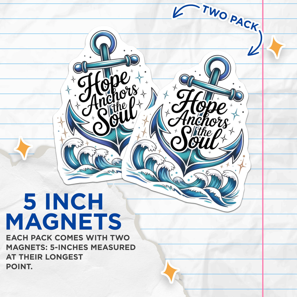(2 Pack) Hope Anchors the Soul Magnets - Inspirational Christian Message - Ocean Refrigerator Locker Decor - 5 Inches On Longest Side - Thick Durable Magnet - Made in USA - MAG37180