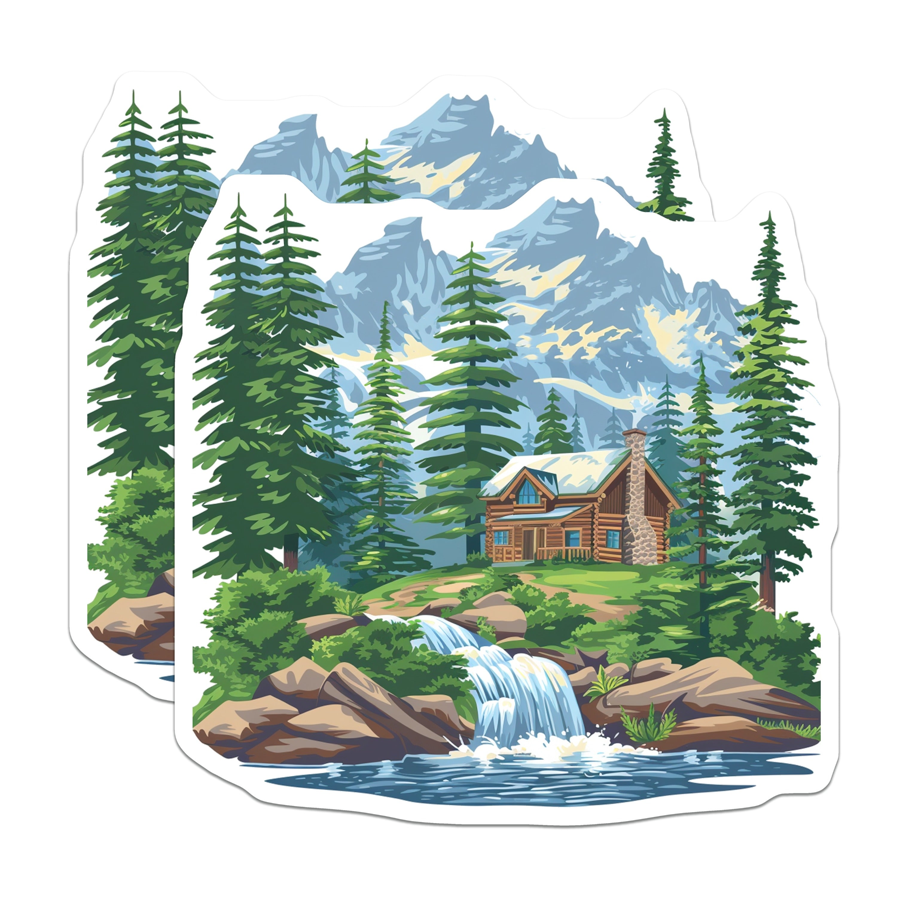 (2 Pack) Log Cabin Magnets - Mountain Landscape Decor - Waterfall Scene Refrigerator Magnets - 5 Inches On Longest Side - Thick Durable Magnet - Made in USA - MAG36226