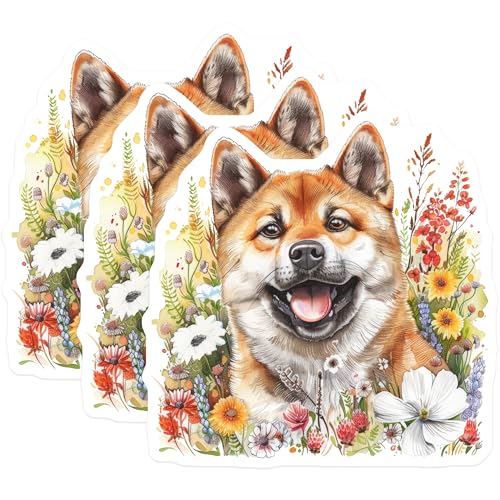 (3 Pack) Shiba Inu Decals - Floral Dog Stickers - Laptop Decal- 3 Inches On Longest Side - Easy Peel & Apply - Made in USA - 3MCS5317