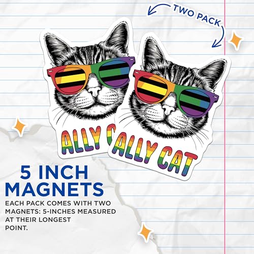 (2 Pack) Rainbow Sunglasses Cat Magnet - Fun Cat Decoration - 5" On Longest Side - Sticks to Smooth Flat Surfaces - Made in USA - MAG9548