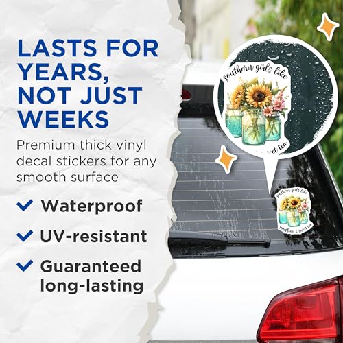 (2 Pack) Southern Girls Like Sunshine and Sweet Tea Stickers - Sunflower and Mason Jar - Southern Charm - 5" On Longest Side - Sticks to Smooth Flat Surfaces - Made in USA - BMCS8314